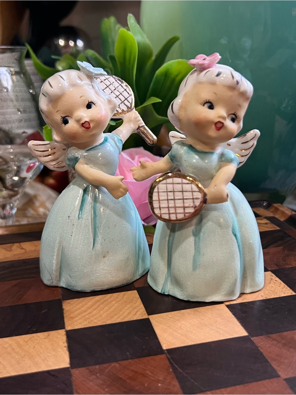 Pair of Blue Ceramic Angel Figurines with Tennis Rackets EUC
